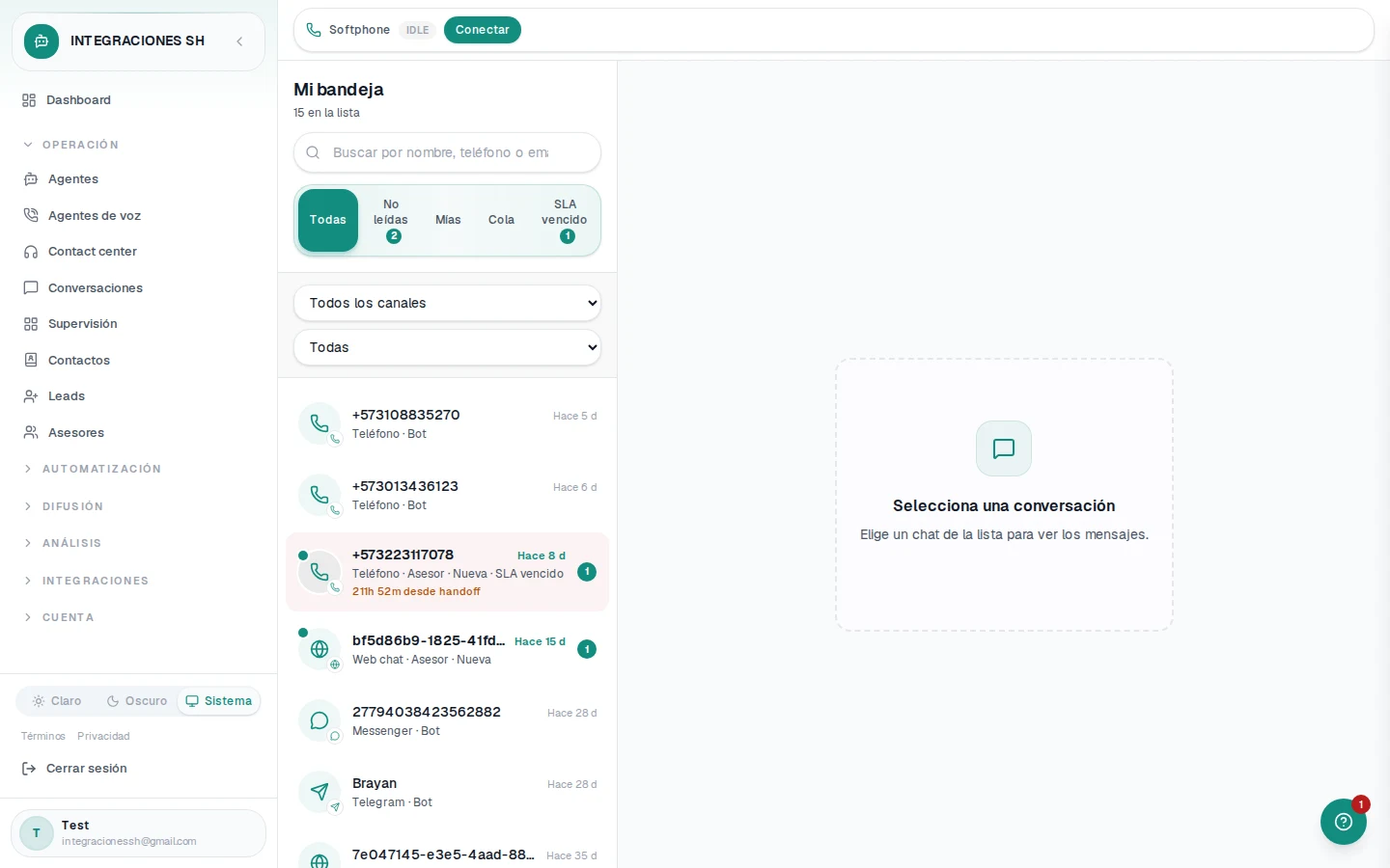 Bandeja de conversaciones de Agent Platform con historial multicanal y panel de mensajes