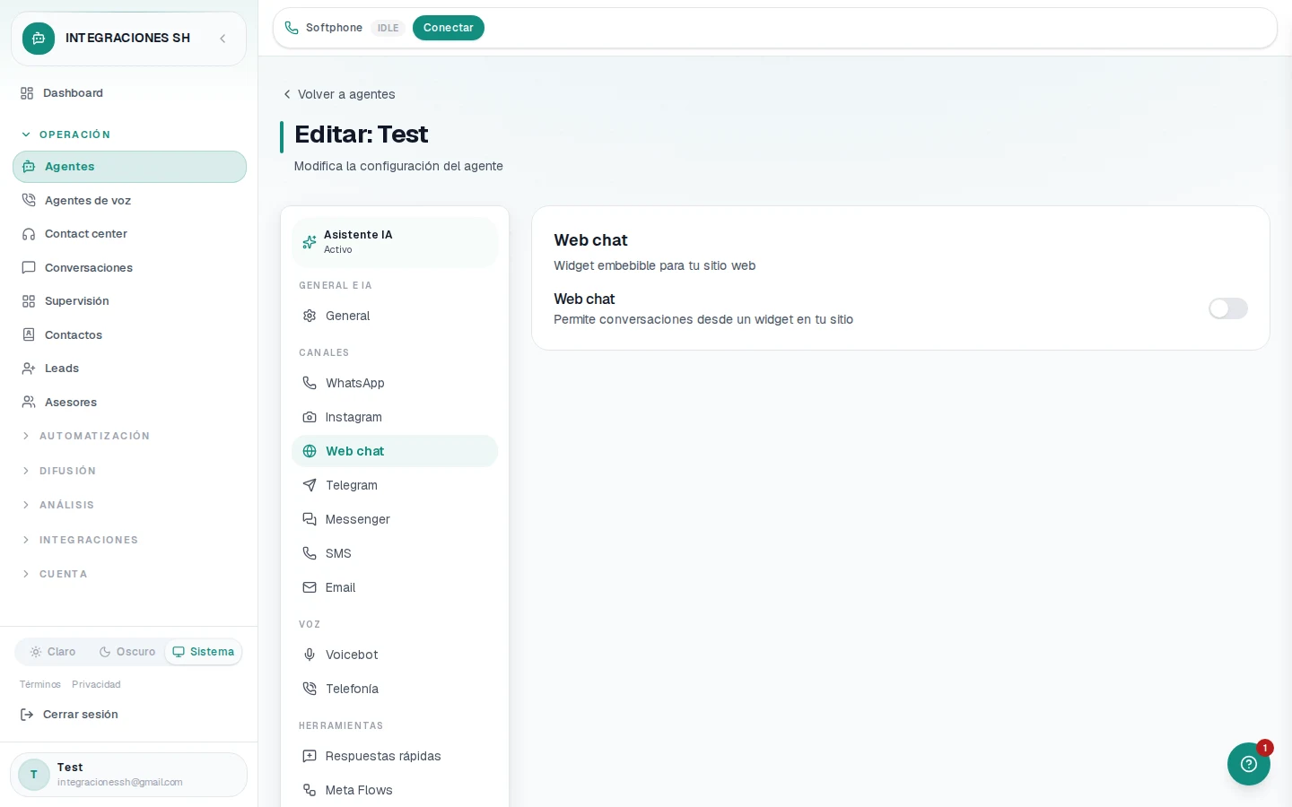 Widget de chat web de Agent Platform embebido en un sitio con conversación activa